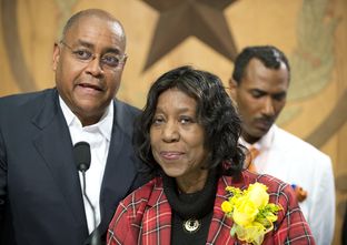 Sen. Rodney Ellis and State Rep. Ruth Jones McClendon, D-San Antonio, celebrate Gov. Abbott's signing of HB48 that establishes the Timothy Cole Exoneration Review Commission. In background is Cole's brother, Cory Session.