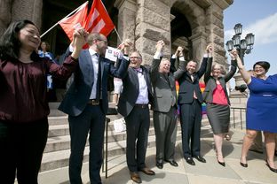 Gay rights activists held a demonstration on Monday, June 29, 2015, in front of the Texas Capitol. The event came a few days after the U.S. Supreme Court's decision to make same-sex marriage legal in all 50 states. Speakers at the event included (from left) Cleo DeLeon, Chad Griffin, Jim Obergefell, Mark Phariss, Vic Holmes, Rebecca Robertson and Kathy Miller.