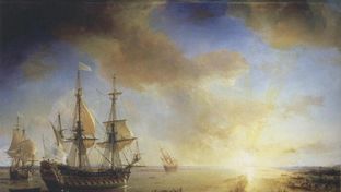 La Salle's Expedition to Louisiana in 1684, painted in 1844 by Jean Antoine Théodore de Gudin. La Belle, left, sank in present-day Matagorda Bay.