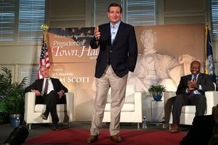 U.S. Sen. and presidential candidate Ted Cruz at a presidential town hall hosted by Sen. Tim Scott, R-S.C., (r.) at Furman University in Greenville, S.C. on Dec. 7, 2015.