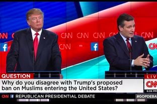 GOP presidential contenders Donald Trump and U.S. Sen. Ted Cruz at the CNN debate in Las Vegas, Nevada on Dec. 15, 2015.
