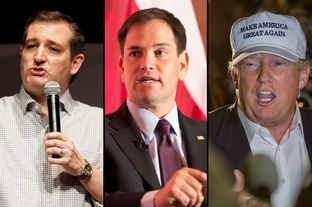 Republican presidential candidates: U.S. Sens. Ted Cruz of Texas, U.S. Sen. Marco Rubio of Florida and billionaire Donald Trump.