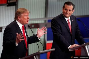 Republican U.S. presidential candidates Donald Trump (l.) and Ted Cruz at the Fox Business Network Republican presidential candidates debate in North Charleston, South Carolina on Jan. 14, 2016.