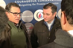 Former Gov. Rick Perry and U.S. Sen. Ted Cruz spoke to reporters on Jan. 26, 2016, in Albia, Iowa. Perry, a former 2016 candidate for president, endorsed Cruz's presidential bid on Jan. 25, 2016.
