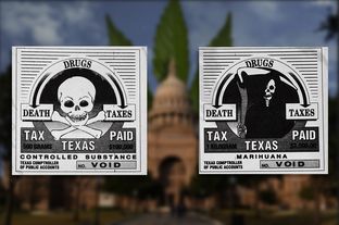 Sample tax stamps for controlled substances and "marihuana" available for sale until last year from the Texas Comptroller of Public Accounts.