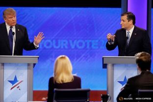 Presidential candidates Donald Trump and Ted Cruz at the GOP debate at Saint Anselm College in Manchester, New Hampshire on Feb. 6, 2016.