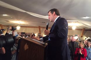 U.S. Sen. Ted Cruz speaks to supporters in Hollis, New Hampshire, after an apparent third-place showing in the state's Republican presidential primary on Feb. 9, 2016.