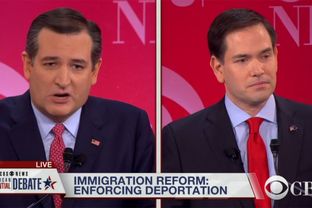 U.S. Sens. and presidential candidates Ted Cruz and Marco Rubio at the GOP debate in Greenville, South Carolina on Feb. 13, 2016.