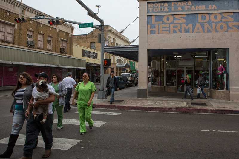 There are many busy retailers near the international bridge where pedestrians may cross in and out of the United States, in historic downtown Laredo, Tx.
