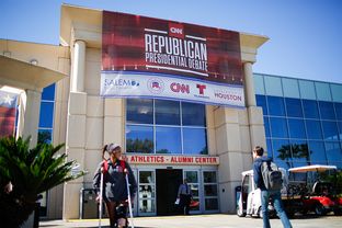 Preparations are made for the 2016 republican Presidential debate Wednesday Feb. 24, 2016 in Houston at the University of Houston.
