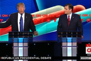 Billionaire businessman Donald Trump and U.S. Sen Ted Cruz at the GOP debate in Houston, Texas on Feb. 25, 2016.
