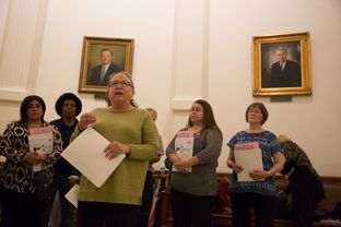 Susan Rial, member of the Texas State Employees Union, rallies with fellow Department of Family and Protective Services employees at the Capitol on March 9, 2016.