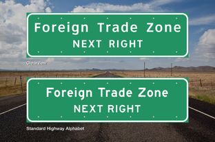 Two sample highway signs reveal the differences between Clearview, above, which Texas began using in 2004, and the traditional highway sign font, Standard Highway Alphabet, below.