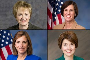 Clockwise from upper left: U.S. Reps. Kay Granger of Texas, Mimi Walters of California, Cathy McMorris Rodgers of Washington, and Martha McSally of Arizona, all Republicans.