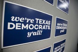 Signs at the Texas State Democratic convention in San Antonio on June 17, 2016.