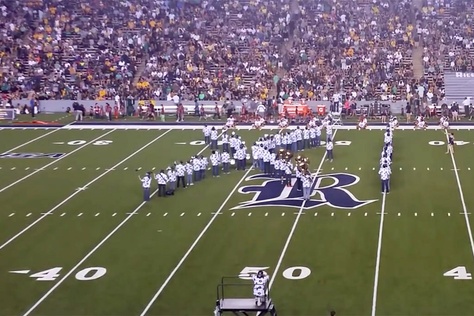 Rice University' Marching Owl Band forms into "IX," a reference to Title IX rules governing sexual discrimination at colleges, while performing a halftime show mocking Baylor University for its recent sexual assault scandal during a football game on Sept. 16, 2016.