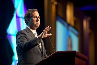 Rick Santorum tells stories from his failed presidential campaign June 8, 2012 at the Texas Republican Convention.