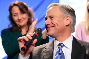 Greg Abbott speaks at the state Republican 2010 watch party at the Texas Disposal Systems Exotic Game Ranch on election night.
