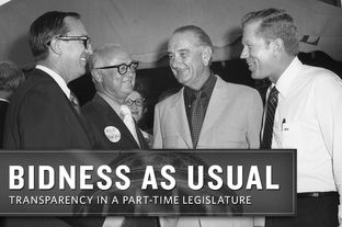A portrait of power in Texas in 1970: House Speaker Gus Mutscher, Governor Preston Smith, former president Lyndon Johnson, and Lieutenant Governor Ben Barnes, at "Gus Mutscher Day" in Brenham, August 17, 1970.