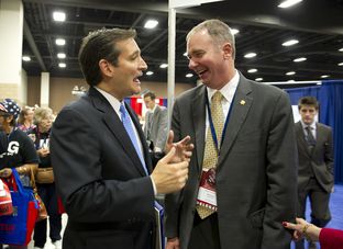 Ted Cruz, left, then a U.S. Senate candidate, speaks with Michael Quinn Sullivan of Empower Texas at the state Republican convention on June 7, 2012.