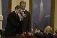 Gov. Rick Perry and Lt. Gov. David Dewhurst listen to Sen. John Whitmire, D-Houston, on Jan. 8, 2013, the opening day of the 83rd legislative session.