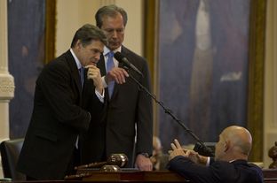 Gov. Rick Perry and Lt. Gov. David Dewhurst listen to Sen. John Whitmire, D-Houston, on Jan. 8, 2013, the opening day of the 83rd legislative session.
