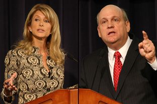 State Sen. Wendy Davis, D-Fort Worth, debates state Rep. Mark Shelton, R-Fort Worth, in the matchup for Senate District 10.
