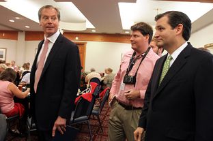 Lt. Gov. David Dewhurst and Ted Cruz, who are competing in a run-off for U.S. Senate, speak to reporters before talking at the Republican Women of Kerr County luncheon at Inn of the Hills in Kerrville, June 15, 2012.