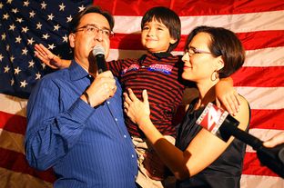 Pete Gallego makes his acceptance speech accompanied by his wife, Maria Elena and son, Nicolas, 8, during the district 23 victory party at Don Pedro Mexican Restaurant in south San Antonio, Tuesday, November 6, 2012.