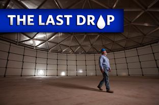 Robert Hildreth, the plant operator of the Colorado River Municipal Water District's Raw Water Production Facility in Big Spring, Texas, inspects the geodesic dome roof of the site's million-gallon source water tank. The tank will stockpile water from the nearby waste water treatment plant before entering the production facility.