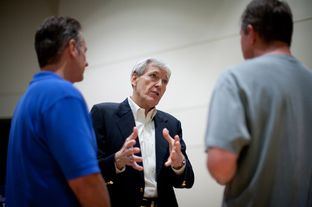 5/12/12 Texas U.S. Senate candidate Tom Leppert talks to members of the community (left and right) Michael Osuna and Steve Chappell at the Christ Fellowship Church in McKinney, TX during a candidate meet and greet.