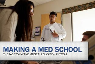 First year resident Karthik Mekala, MD, watches Chief Maryam Ayaz, MD, check on a patient at UMC Brackenridge.