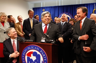 State Rep. Aaron Pena, R-Edinburg, at the Texas Republican Party headquarters Dec. 14, after announcing he switched parties.