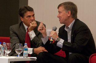September 14th, 2012: Texas Gov. Rick Perry with Colorado Gov. John Hickenlooper, discuss economic development at the Devner Metro Chamber Leadership Foundation's 2012 Leadership Exchange in Austin, Texas