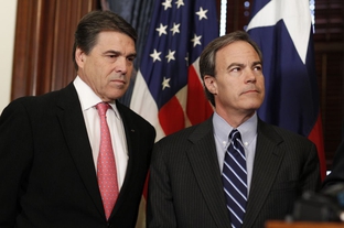 Governor Rick Perry, Speaker Joe Straus and Lt. Governor David Dewhurst after their first weekly breakfast meeting saying they will work together on the state budget.