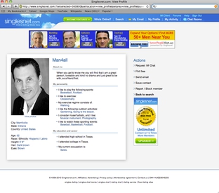 Screenshot of "Man4all" page on Singlesnet.com with Democratic land commissioner candidate Hector Uribe's photo.