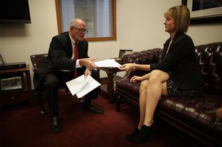 State Sen. Kel Seliger, R-Amarillo, meets with his chief of staff, Ginger Averitt, at their Capitol office on October 16, 2012.