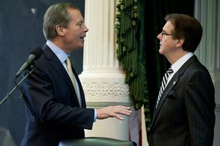 State Sen. Dan Patrick (Right), R-Houston, listens to Lt. Gov. David Dewhurst during the 83rd legislative session on Jan. 9, 2013.