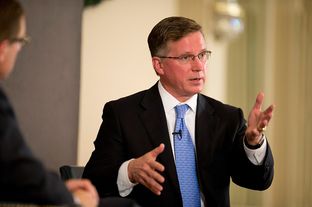 Chairman of the Railroad Commission, Barry Smitherman, talks with Evan Smith at TribLive on December 13, 2012.