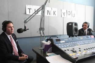 Brian McCall, chancellor of the Texas State University System, and Ricardo Maestas, president of Sul Ross State University, during a joint interview at Marfa Public Radio in Marfa, TX.