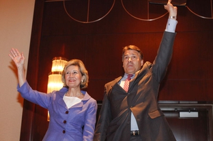 Gov. Rick Perry being endorsed by his former GOP primary rival, U.S. Sen. Kay Bailey Hutchison, at the 2010 Republican Party of Texas Convention.