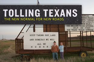 Caleb Ging and Libby Fischer stand near the Ging family's home in Coupland in front of signs protesting the Trans-Texas Corridor in 2007. The signs were made by Caleb and his parents, Scott and JoAnn Ging.