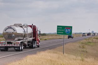Traffic along US 77 between Driscoll and Kingsville, Texas. A 10-mile stretch of this road from Kingsville to Driscoll is right now a simple state highway with cross-traffic and stop lights. About $50 million is going to be used to upgrade it to interstate highway standards. 6/4/12