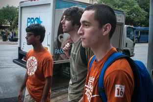 UT freshmen Utkarsh Paul (l), Joesph Zukis (c) and Jorge Mathuta (r) were evacuated from their dorms after receiving a text message from UT warning them of a possible threat. (September 14, 2012)