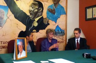 At a Texas Civil Rights Project press conference, Shirley Appell, center, the mother of Shawn Appell, argues that jailers in Llano County are responsible for her son's death. She is seeking civil damages.