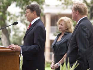 Gov. Rick Perry, first lady Anita Perry and state Rep. Jim Pitts at the unveiling of the restored Texas Governor's Mansion on July 18, 2012.