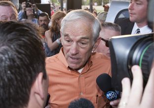 Ron Paul speaking to reporters after a rally at the University of Texas at Austin on April 26, 2012.