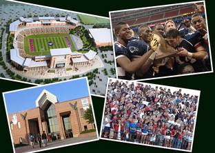 Clockwise from top left: an architect's rendering of the new stadium; Allen players after the 2008 state championship in Houston; Allen students at a game in the current stadium; the front of Allen High.
