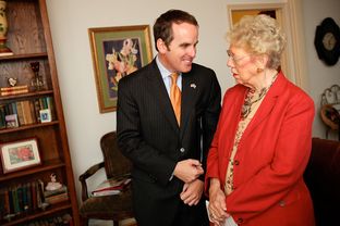 Texas State Representative, Bryan Hughes, speaks with a member of the Mineola Study Club on October 9, 2012.