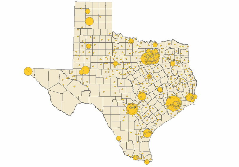 map of texas with cities and towns. In the map below, the bubbles
